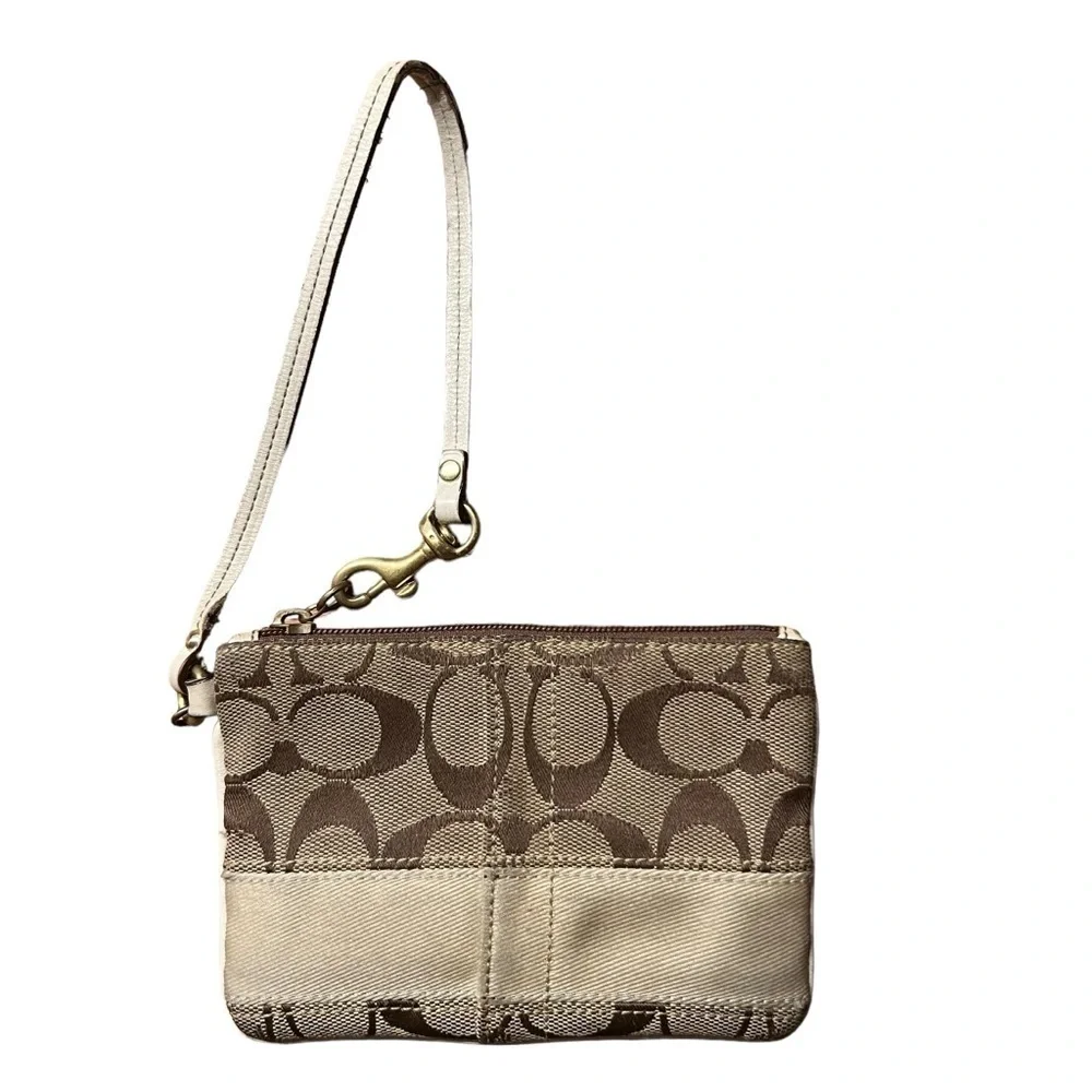 COACH 40028 Legacy Stripe Khaki & Champagne Tan Signature & Leather Wristlet